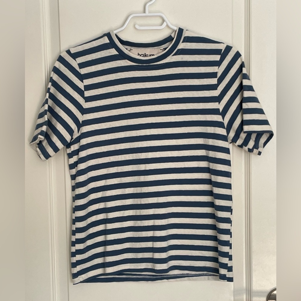HAIKURE Organic Cotton Blue & Cream Striped Heart Back T-Shirt Made in Italy XS
